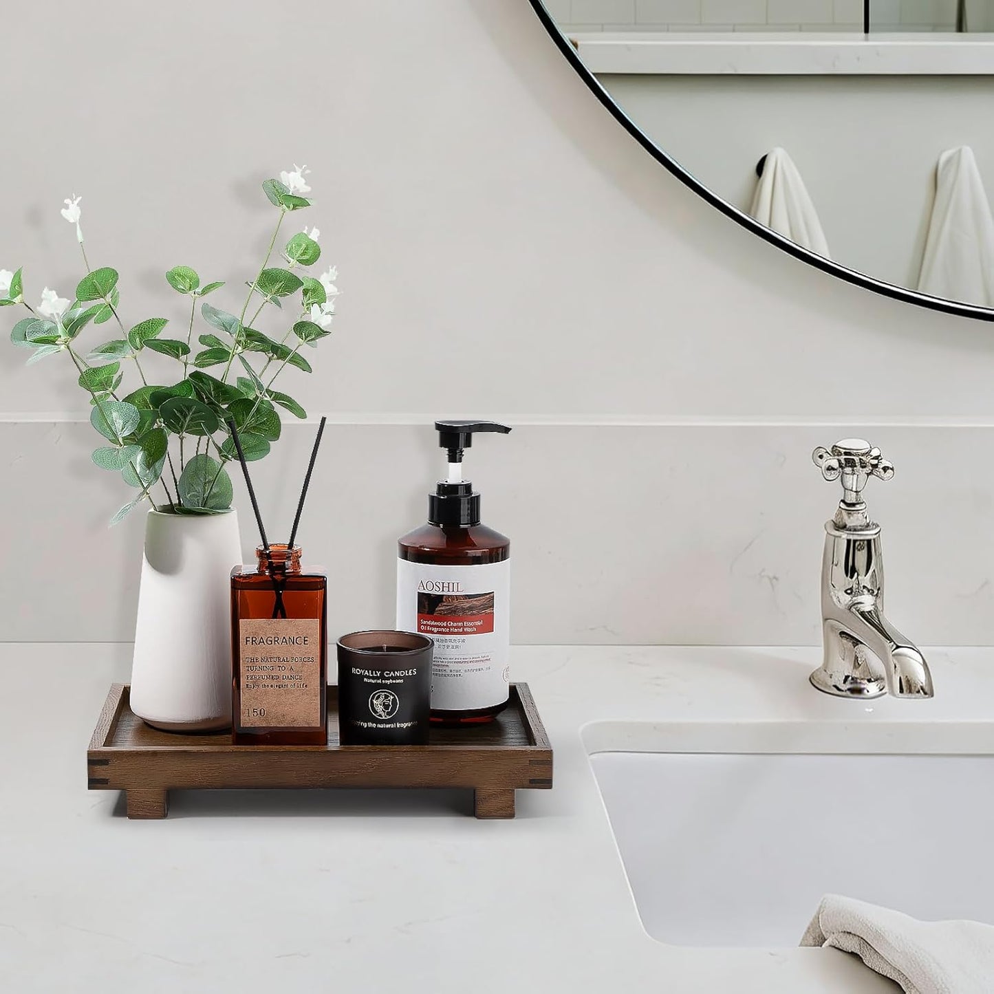 Decorative Tray Small Pedestal Stand Farmhouse Bathroom Decor Wooden Riser Display Stand for Vanity, Kitchen Countertop, Sink, 9.4 * 4.7 White