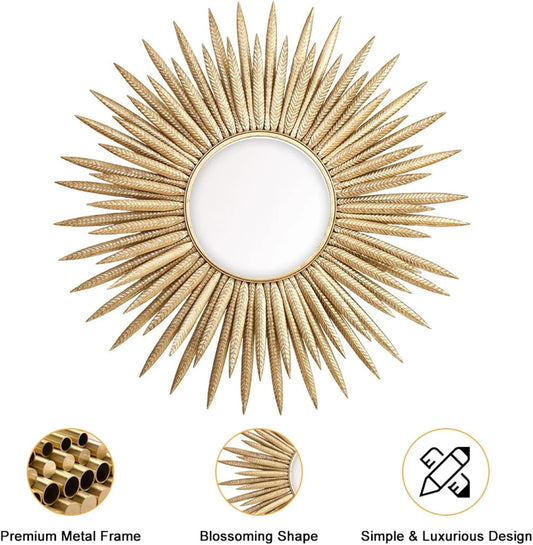 homary Sunburst Wall Mirror, 33.7" Gold Accent Mirror with Embossed Metal Frame for Living Room, Entryway, or Bedroom Decor (1, Style-A)