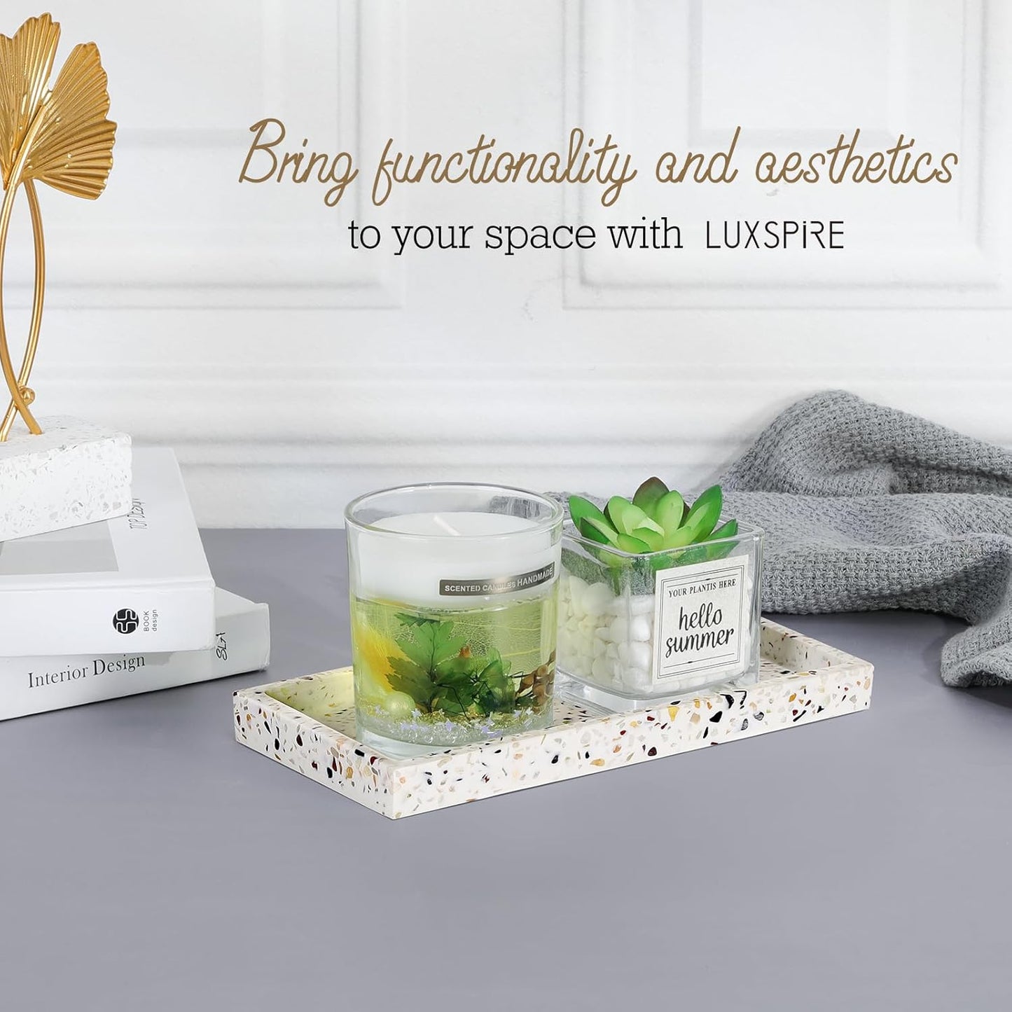 Luxspire Bathroom Vanity Tray, 8 x 4 inch Resin Kitchen Sink Tray for Soap Dispenser Bathroom Countertop Organizer Plate Holder for Perfume Soap Towel Bathroom Accessories, Mini, White Marble