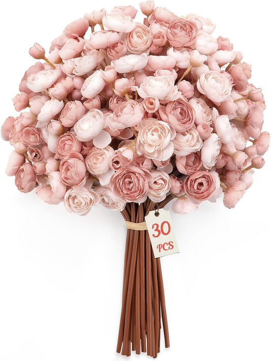 Alupssuc 30Pcs Ranunculus Artificial Flowers Faux Silk Mini Ranunculus, Spring Flowers Artificial Indoor for DIY Bouquets, Bulk Fake Wedding Filler Flowers for Bride Shower Decorations, Shabby Blush
