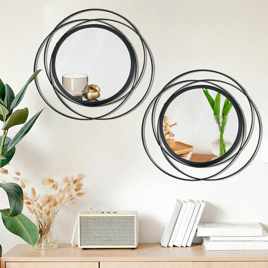 2 Set. Circle Mirrors for Wall Decor for Living Room Bedroom Bathroom Entryway Metal Round Mirror Decorative Hanging Mirrors Sun Bohemian Geometric Accent Sculpture -Gold 15.7 in