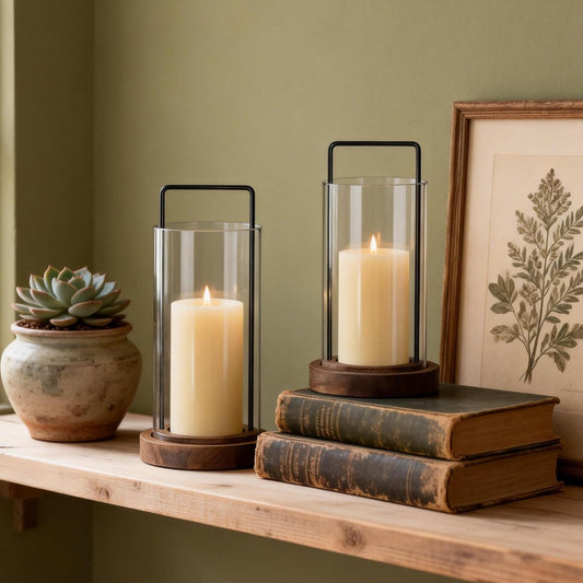 Houmury Set of 2 Hurricane Candle Holders Lantern 12” & 10”with Wood Base Metal Handle Glass Cylinder Modern Farmhouse Decor for Home Decoration, Table Centerpieces (Warm Amber Brown)