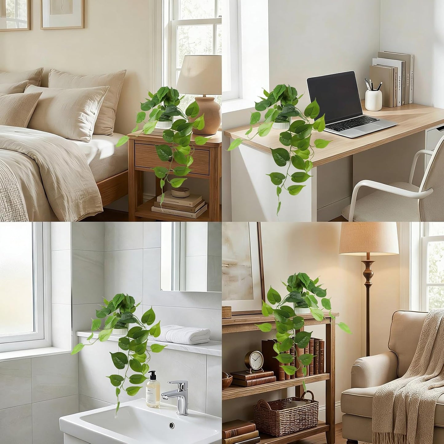 Artificial Pothos Hanging Plants 2 Pack with Pots, Realistic Fake Hanging Plants Indoor, Faux Greenery Vines for Shelf, Bathroom, Living Room, Office Decor
