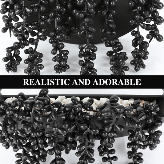 Floweroyal 2pcs Artificial Succulents Hanging Plants 12.2'' Fake String of Pearls in Pot with 8.3'' Lanyard for Indoor Outdoor Wall Decor(Wood Color).