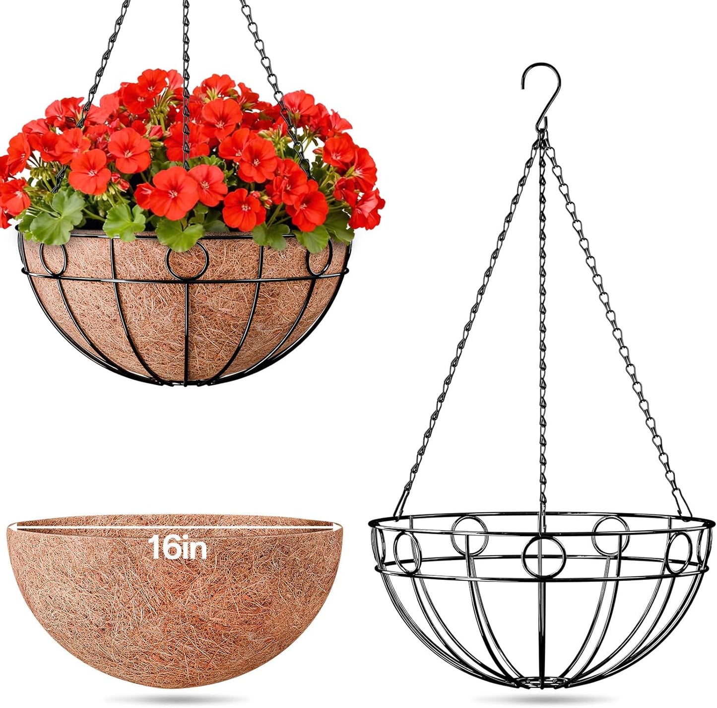 ZeeDix 2 Pack Round Hanging Baskets for Plants Outdoor, 12 Inch Metal Wire Planter Basket with Coco Liner, Hanging Flower Pots for Garden Yard Patio Porch Balcony Decor