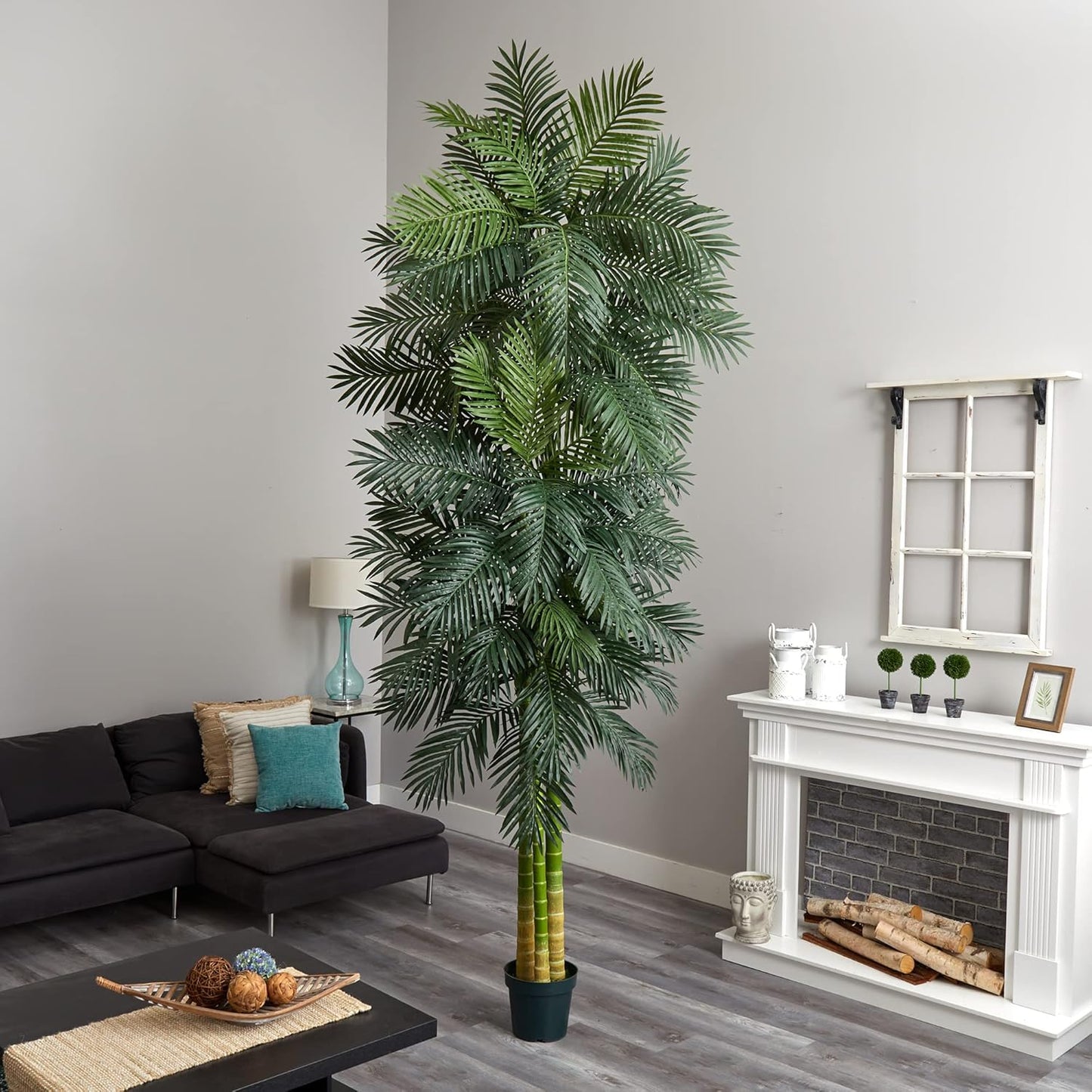 Nearly Natural 6.5ft Artificial Golden Cane Palm Tree, Lifelike Silk Indoor Palm With Three Textured Trunks Flexible Fronds Nursery Planter, Low Maintenance