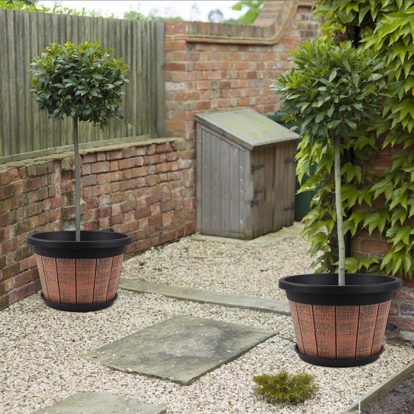 Quarut 4 Pack 10 inch Plant Pots,Upgrade Whiskey Barrel Planters with Drainage Holes & Saucer,Plastic Decoration Flower Pots Retro Design,Planters for Outdoor Indoor Garden Home Plants (Brown)