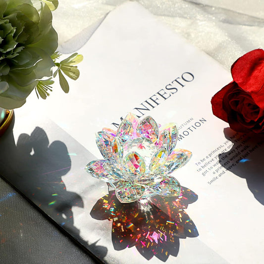 OwnMy 3 Inch Sparkle Crystal Lotus Flower Figurines Decorative Lotus Flower Ornament, Glass Lotus Feng Shui Decor Crystal Flower Paperweight for Home Office Tabletop Centerpieces