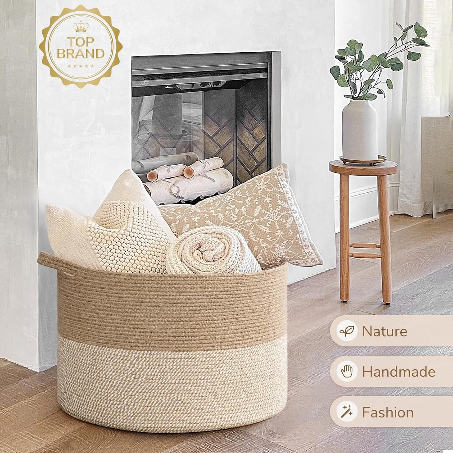 INDRESSME XXXLarge Blanket Basket for Living Room 21.7" x 21.7" x 13.8"-Storage Basket with Handle for Organizing Toy Pillows Woven Cotton Rope Laundry Basket Stuffed Animal Toy Storage for Play Room