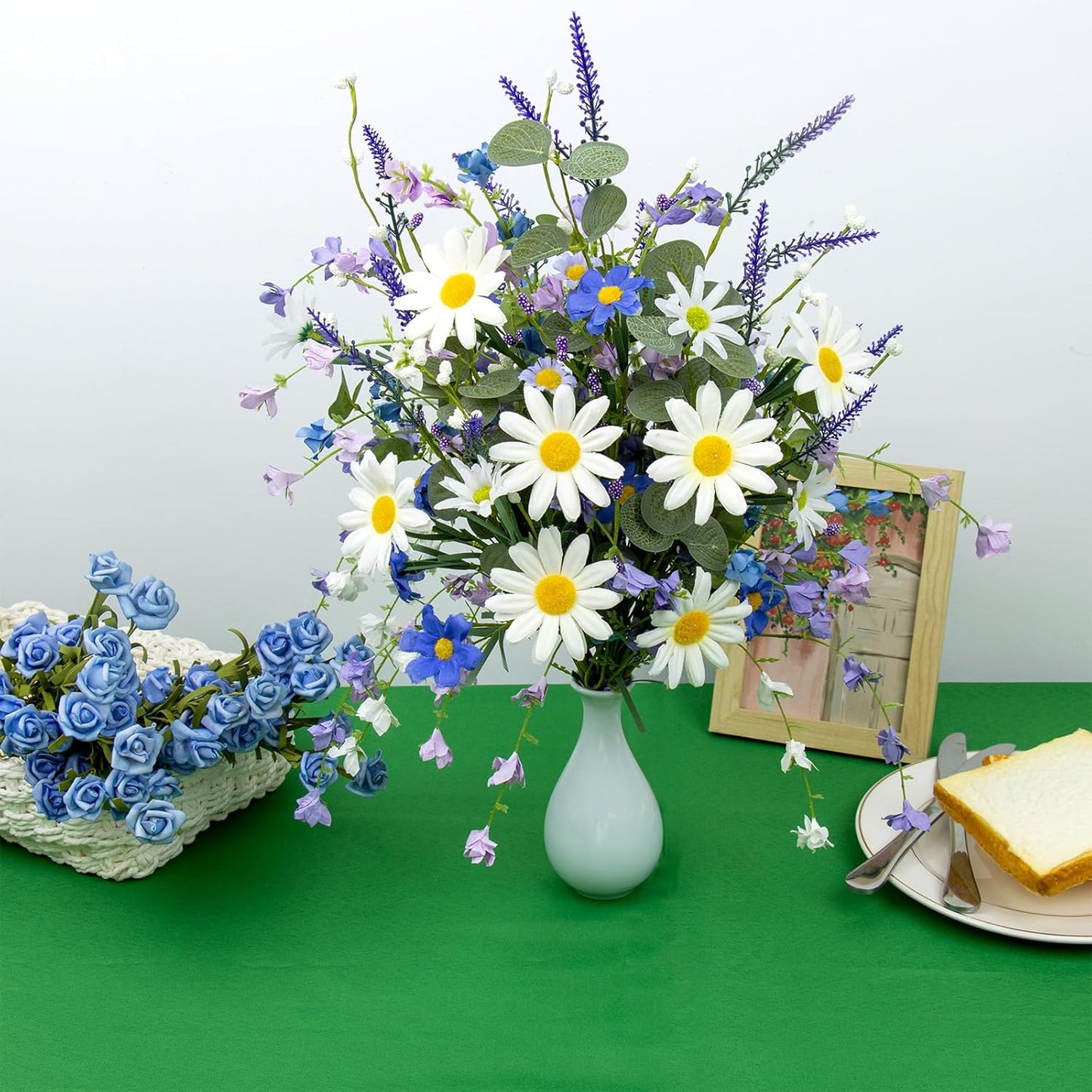 12 PCs Artificial Spring Summer Flowers Rustic Blue and White Artificial Flowers Wildflower Floral Stems with Daffodils Daisy Flower Picks for Vase Table Centerpieces Summer Spring Decor