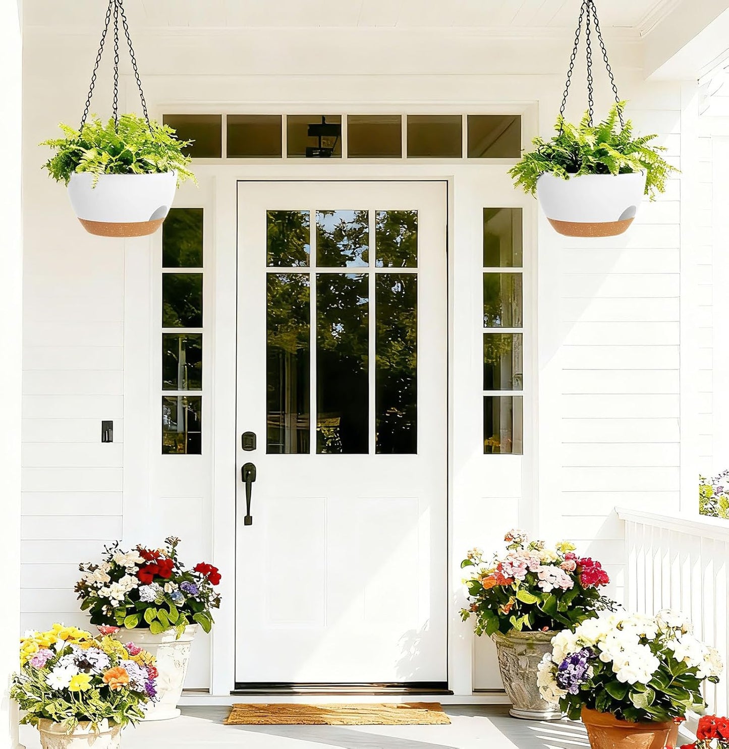 8 Inch Hanging Planters for Indoor Outdoor Plants, 4 Pack Black Plastic Self Watering Hanging Baskets with Drainage Holes and Chain for Garden Porch
