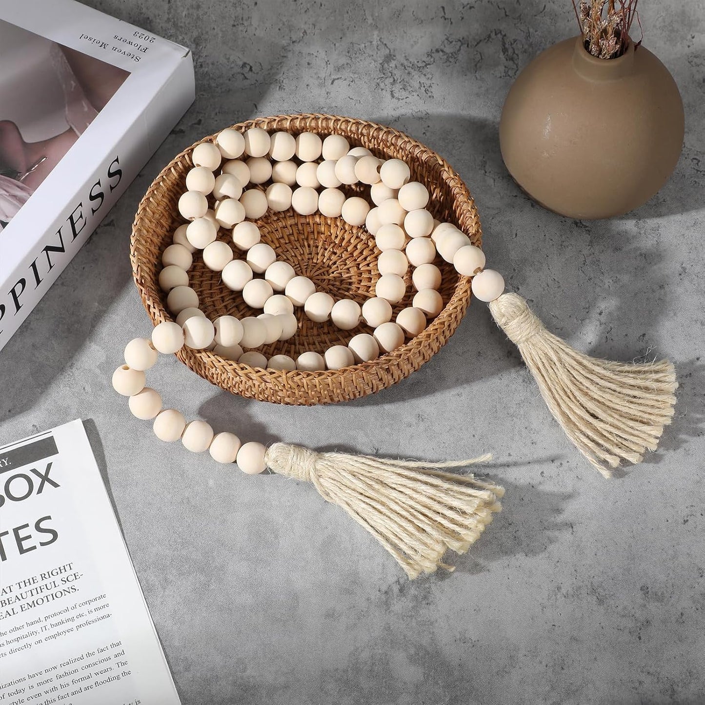 34in Farmhouse Wood Beads Garland with Tassels, Decorative Bead Home Decor Wooden Beads Garland Country Room Hanging for Wood Entryway Table, Shelf, Tray, Curtain Decor (Beige)