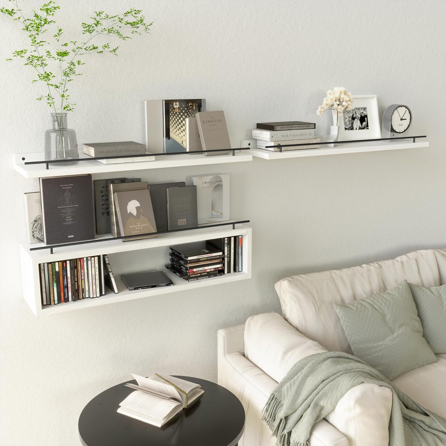 WOPITUES Floating Shelves for Wall with Cube Shelf, Wall Shelves with Metal Rail for Bathroom Decor, Bathroom Organizers and Storage, Over Toilet Shelves for Toilet Paper-Black