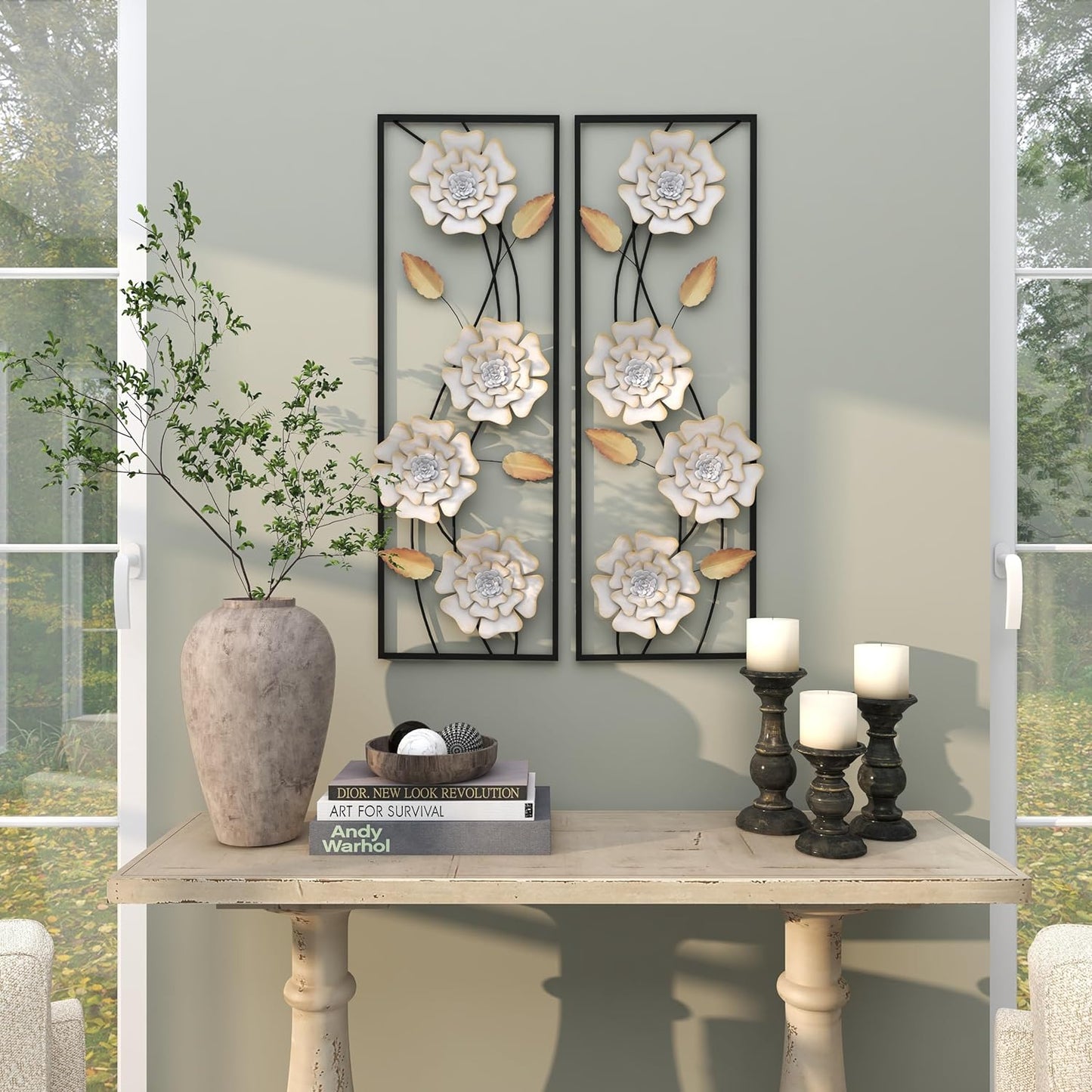 Deco 79 Metal Floral Home Wall Decor Dimensional Floating Wall Sculpture with Black and Gold Accents, Set of 2 Wall Art 12"W, 36"H, White & Gray