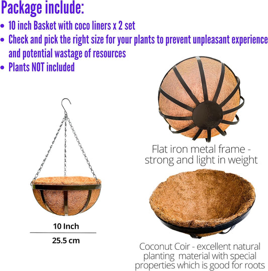 LaLaGreen Outdoor Hanging Baskets for Plants (12 Inch, 6 Pack) Medium Hanging Planter with Coco Liner, Flat Iron Metal Round Plant Flower Pots for Deck Patio Porch Garden Balcony Outside Decoration