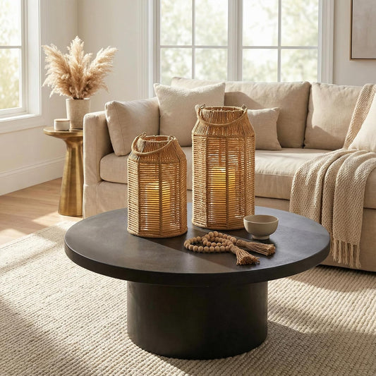 Natural Jute Boho Lanterns - Handcrafted Coffee Table Decor to Enhance Your Home - Modern Decorative Farmhouse Beauty for Living Room, Patio & Front Porch, Indoor and Outdoor or Kitchen Dining Table
