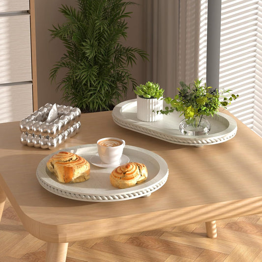 Urban Deco Oval Wooden Tiered Tray, Farmhouse Vintage Decorative Tray Stand for Coffee Table, White Serving Tray for Living Room Kitchen Home Decor - 1 Pack