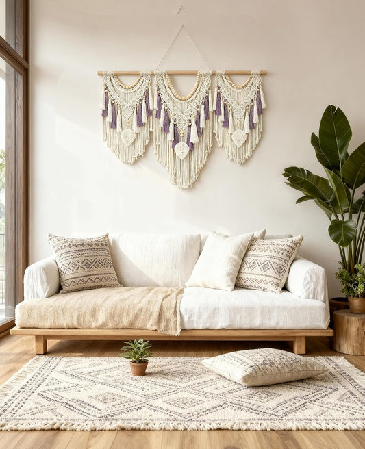 Tempospark Large Macrame Wall Hanging, 43" Wx32 L Boho Wall Hangings for Living Room Bedroom Nursery, Boho Chic Large Macrame Tapestry for Bedroom Wall Decor (Tassel)