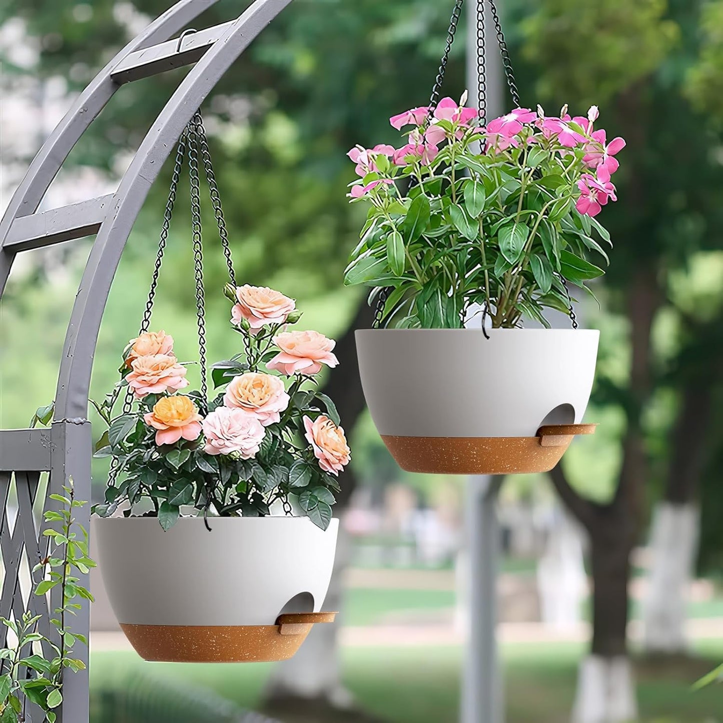 UOUZ Set of 3-10 Inch Self Watering Hanging Planters for Indoor Outdoor,Hanging Plant Pots with Drainage & Removable Tray, Hanging Pots Holder for Ivy, Pothos, Ferns, Balcony & Patio, Black with Brown