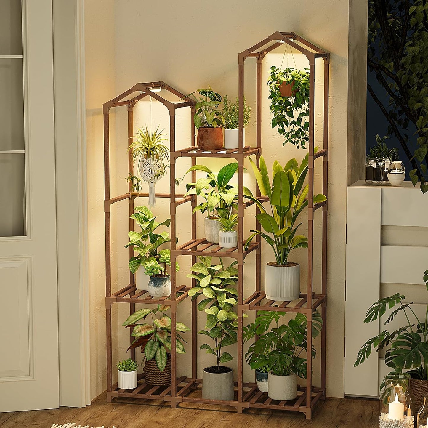 Bamworld Plant Stand Indoor with Grow Lights Wood Plant Shelf for Hanging Planter Pots Display Flower Stand for Living Room Patio Garden Decor