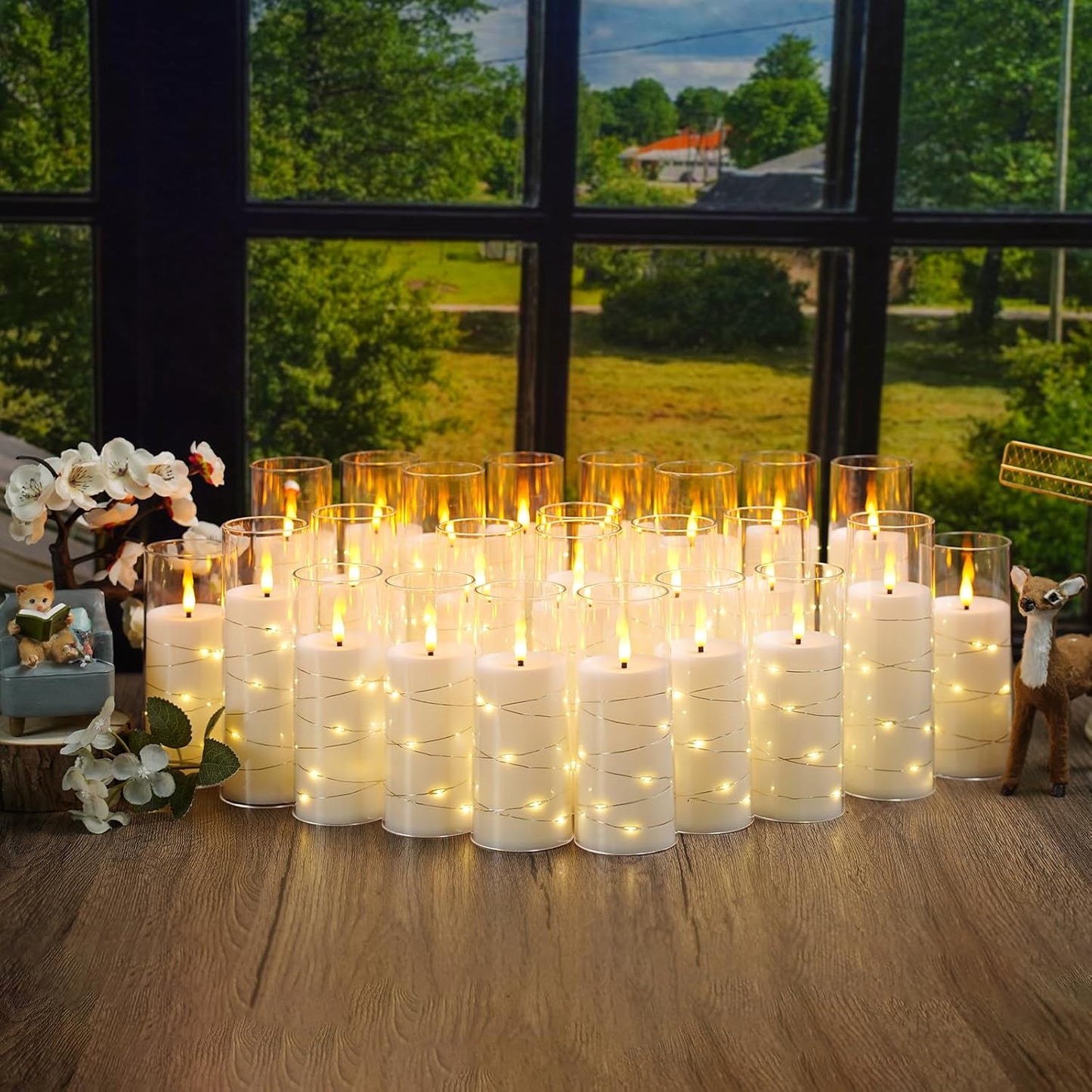 Nimiko Flickering Flameless LED Candles, 9 Pcs with Embedded Star String, Acrylic LED Pillar Candles with Remote, Suitable for Home Decoration (White)
