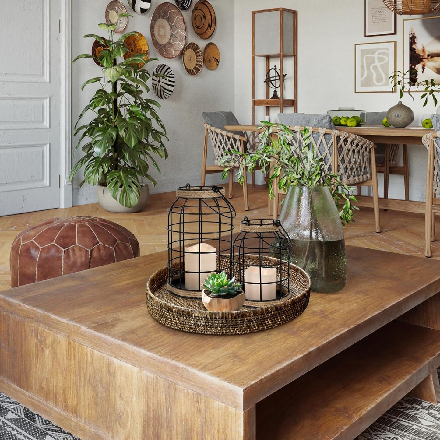 Rustic Farmhouse Decorative Lantern Set of 2, Boho Lanterns with LED Candles, Modern Farmhouse Indoor Outdoor Decor for Living Room Patio Porch Fireplace Kitchen Dining Table Centerpiece