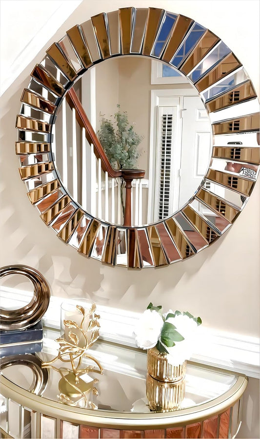 Round Wall Mirror Decorative Sunburst Silver-Brown Crystal Edge 32 inch