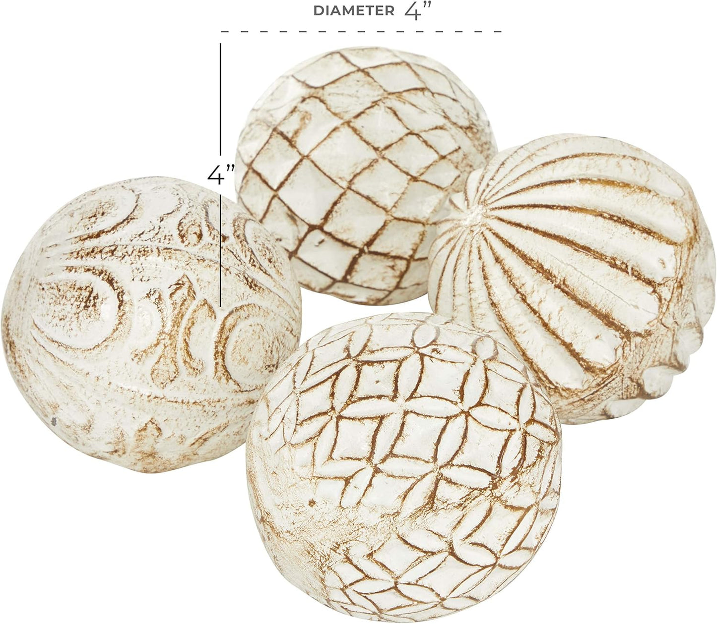 Deco 79 Ceramic Handmade Carved Decorative Ball Orbs & Vase Filler with Varying Patterns, Set of 4 4"W, 4"H, White