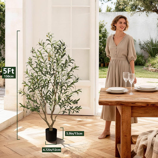 Olive Trees Artificial Indoor 6FT Tall, Faux Olive Tree with Black Basic Planter, Lifelike Fake Olive Plant Decorative, Silk Leaves and Premium Plastic Trunk for Home Living Room Office Decor