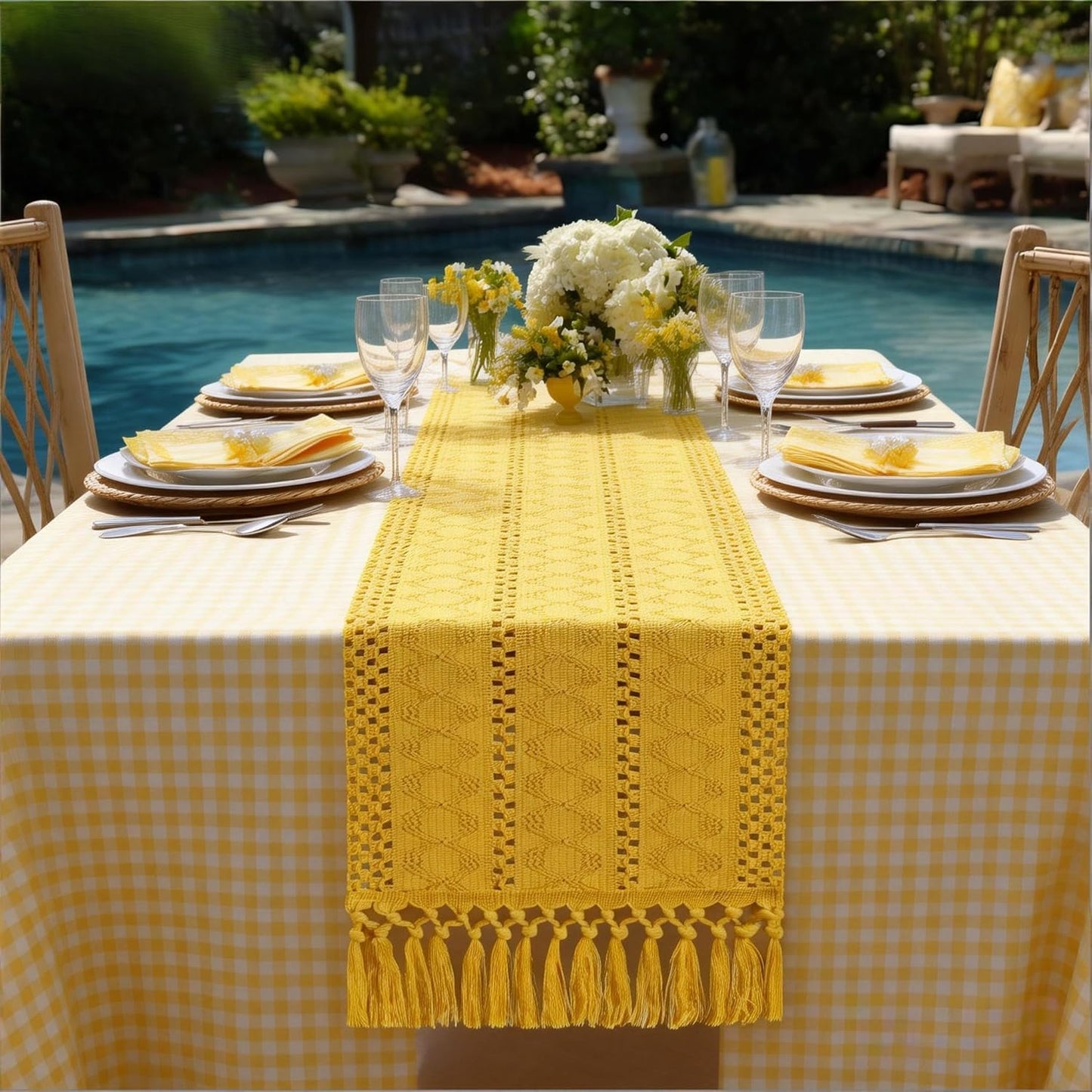 Socomi Boho Table Runner Summer Farmhouse Rustic Dining Kitchen Centerpiece Decor Small Macrame Woven Cotton Linen Coffee Table Runner for Dresser Scarf Home Decor 12x36 inch Beige