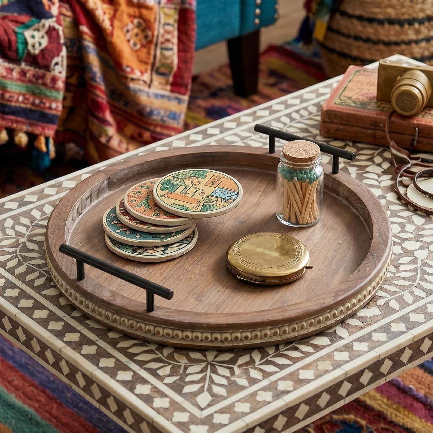 16 Inch Coffee Table Tray for Living Room, Beaded Round Wood Decorative Tray with Handles, Farmhouse Circle Trays for Kitchen Island Decor, Rustic Coffee Table Centerpiece Decor