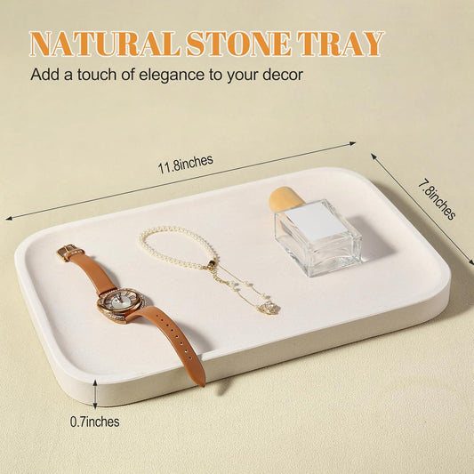 Koville Romano Travertine Tray, 12"x8" Natural Stone Vanity Tray for Countertop Bathroom Kitchen Dresser, Decorative Marble Catchall Trays for Perfume Jewelry, Rectangular Serving Tray(Beige)