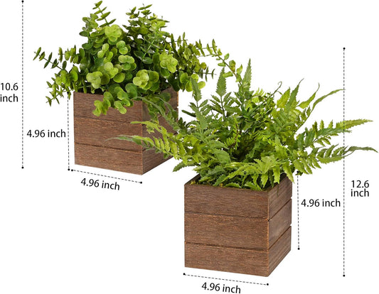 Vlorart Small Fake Plants, 2Pack Mini Potted Artificial Plastic Boxwood Fern Green Decorative Plant in Wooden Potted, Fake Desk Plant for Farmhouse Home Decor Office Bathroom Desk Room Indoor Outdoor