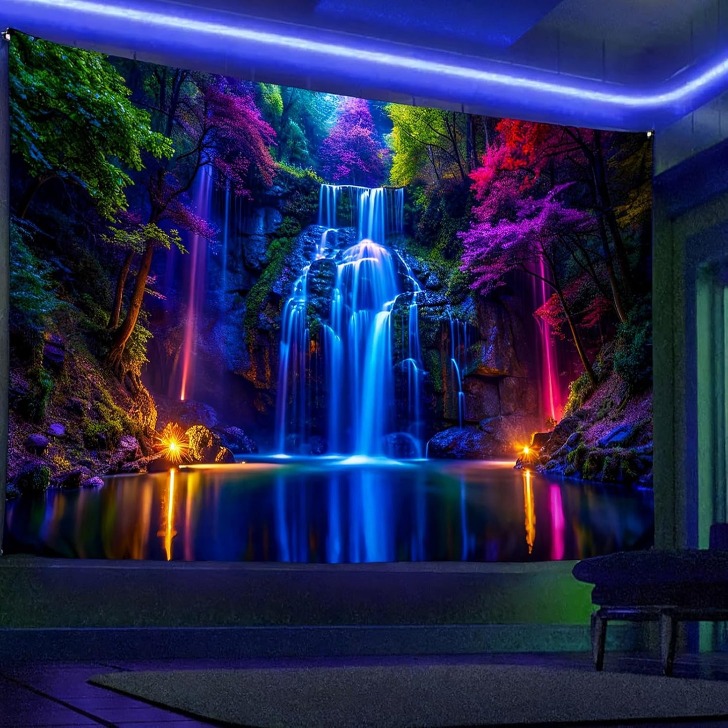Miytal Blacklight Waterfall Tapestry - UV Reactive Glow in the Dark Neon Forest Wall Hanging, Vibrant Nature Landscape Wonderland for Bedroom, Living Room Decor - 51.2" x 59.1"