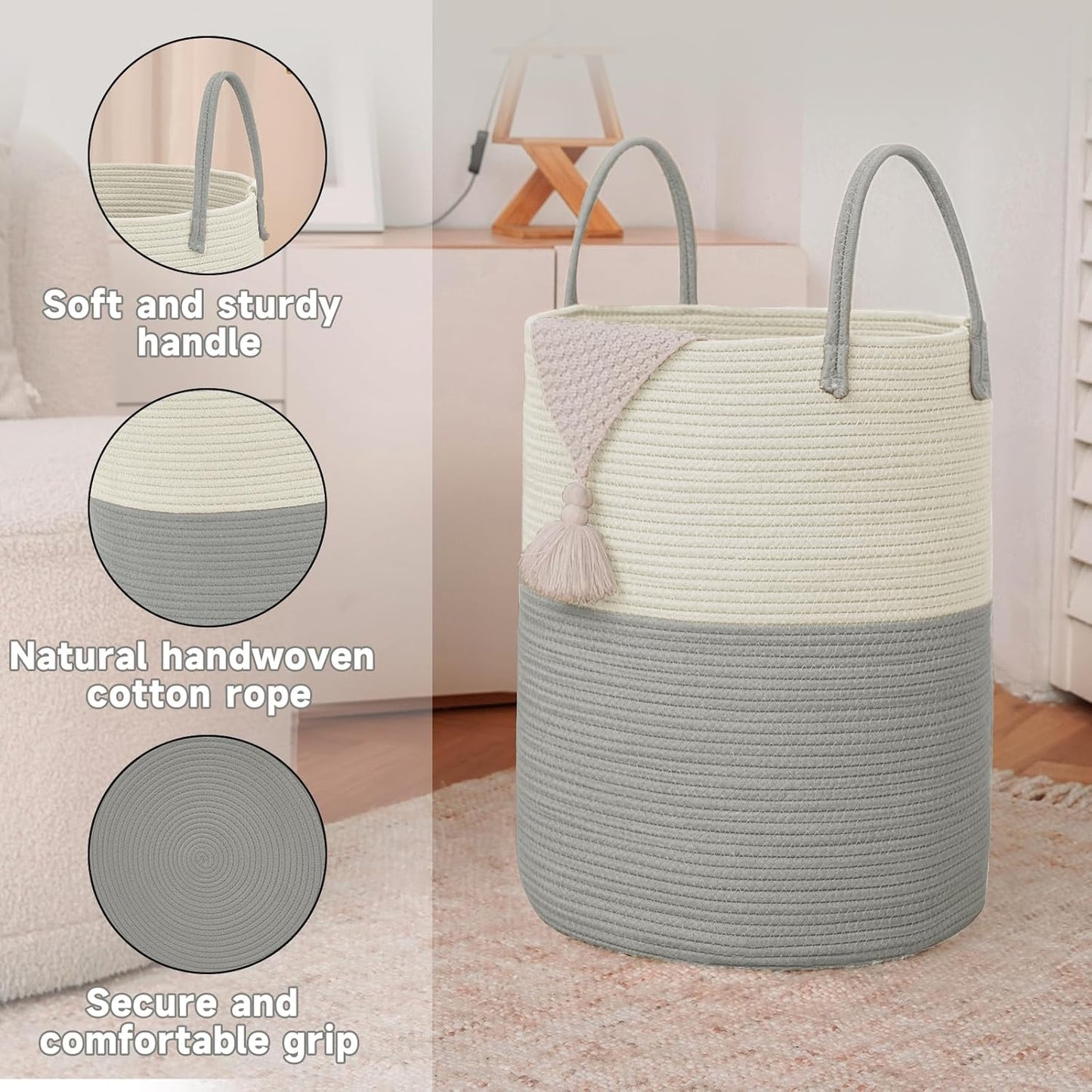 JMvicyroam Large Woven Laundry Basket Hamper,60L Cotton Rope Storage Bin for Blankets,Toys and Clothes,Decorative Tall Nursery Hamper for Living Room,Baby Nursery,Bathroom and Bedroom,Brown