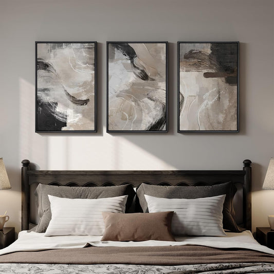 Large Framed Neutral Abstract Wall Art for Living Room, 3 Piece Modern Canvas Prints Paintings Artwork for Walls, Black and Beige Pictures for Living Room Hallway Stair Office Wall Decor 24x36 Inch