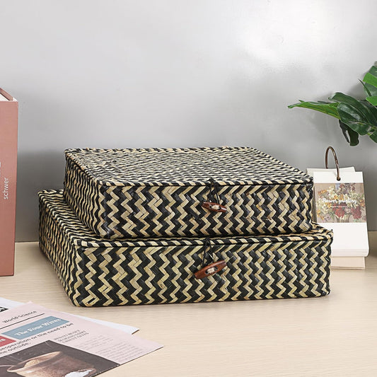 Hipiwe Set of 2 Flat Woven Wicker Storage Bins with Lid Natural Seagrass Basket Multipurpose Home Boxes for Shelf Organizer (Coffee)