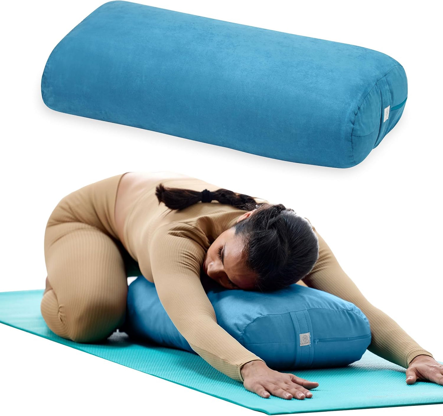 Gaiam Yoga Bolster Pillow, Soft Meditation Cushion for Yoga, Massage and Back Support, Breathable Cotton Fill, Zippered Microfiber Cover, Easy-Carry Handle, Machine Washable