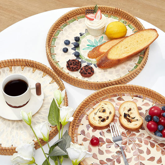 Round Rattan Tray with Mother of Pearl Inlay, Rattan Serving Tray with Wooden Base, Decorative Wicker Basket for Table Decor, Storage and Display of Coffee Bread Food Fruit (Leaf)