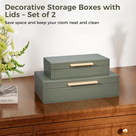 Decorative Box, Decorative Boxes with Lids 2-Set, Memory Box for Keepsakes, Beautiful PU Leather Decorative Storage Boxes in Style, Decor Box with Gold Metal Handles, Store Photos, Documents Green