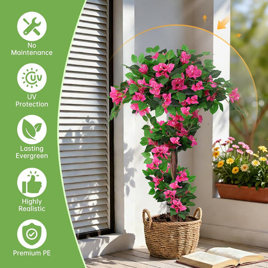 2Pack 4FT Artificial Bougainvillea Topiary Trees for Outdoor, Fake Silk Flowers Plants Bushes with Ground Spike, Faux UV Resistant Shurbs Trees for Outside,Front Porch,Patio,Balcony Decor