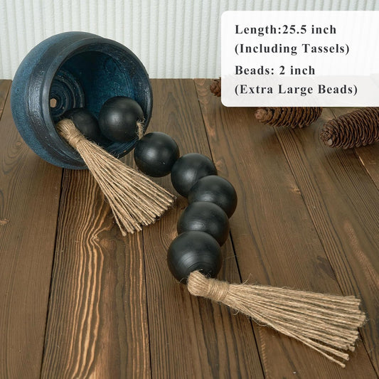 OMISHE Extra Large Wood Bead Garland with 2" Diameter Wooden Beads, 25.5" Long Rustic Farmhouse Decorative Wooden Beads Garland with Tassels, Boho Decorations for Home Table Mantle, Black