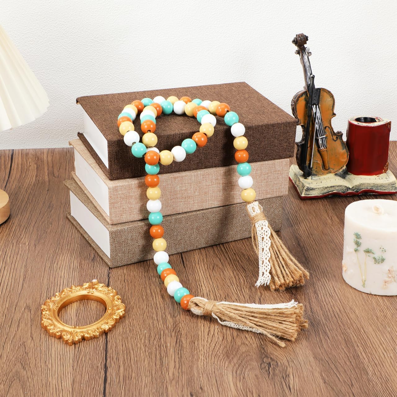 Wood Beads Garland with Tassels, 42.4in Farmhouse Rustic Style Colorful Wood Beads String, Large Antique Wooden Prayer, Boho Home Festival Decor Garland Rosary Rope