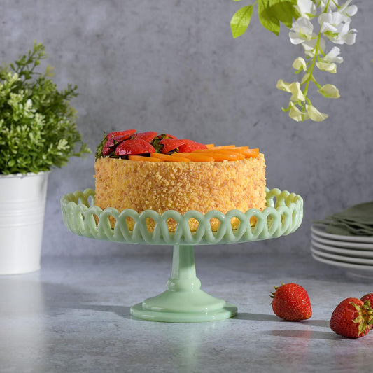 Martha Stewart Highbrook 11" Jadeite Glass Cake Stand – Handmade Vintage-Style Dessert Stand with Ruffle Trim, Decorative Pedestal Cake Plate for Display & Serving