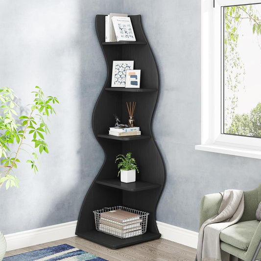 Tribesigns Corner Shelf, Modern 5-Tier Wall Corner Bookshelf, Stylish Corner Small Bookcase Storage Rack Plant Stand with Unique Shape for Living Room, Home Office (White, 1PC)