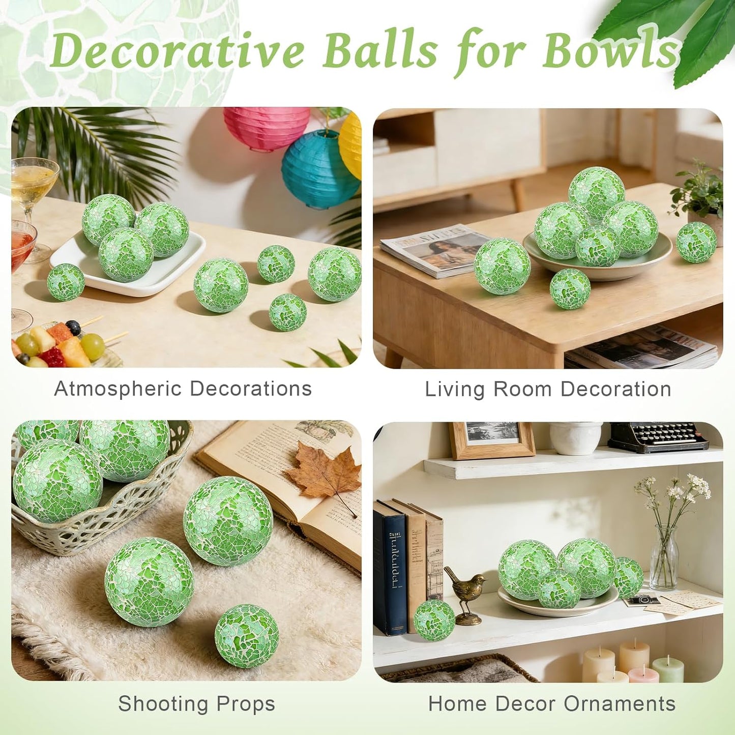 2 Pieces Decorative Glass Orbs 2.6 Inch Mosaic Crackl Solid Sphere Ball Table Centerpiece Balls Bowls Vases Christmas Decorative(Green)