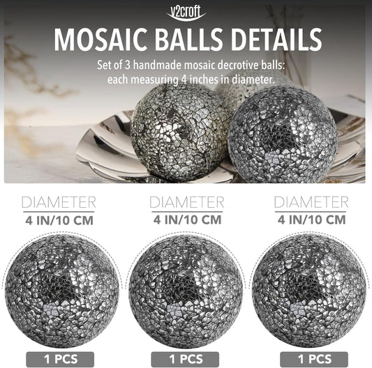 4in Decorative Mosaic Sphere Orbs Set of 3, Glass Balls for Whole Housewares,Wedding/Birthday,Bowls,Vases Dining Table Centerpieces(Silver,Black,Blue)