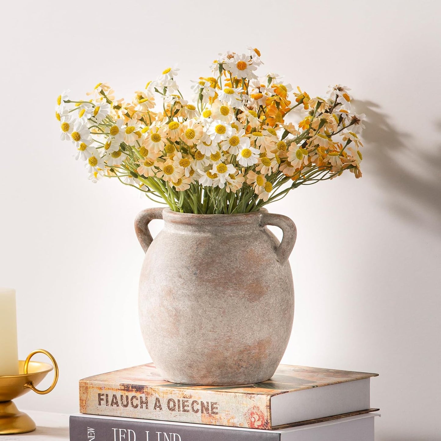 Dobbyby Ceramic Flower Vase 7.6 inch Farmhouse Rustic Vase Decorative Pottery Terracotta Vases for Home Decor Table Mantle Fireplace Living Room Bathroom Wedding Centerpiece (Whitewashed)