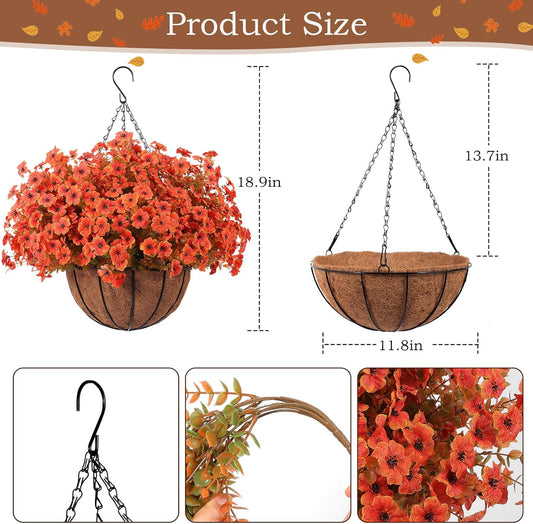 Hananona 2 Set Artificial Outdoor Flowers with Hanging Basket, 2 Hanging Planters with 24 Pcs Flowers for Spring Summer Front Porch Garden Patio Home Decor (2, Red, Purple, Yellow, Rose Red)