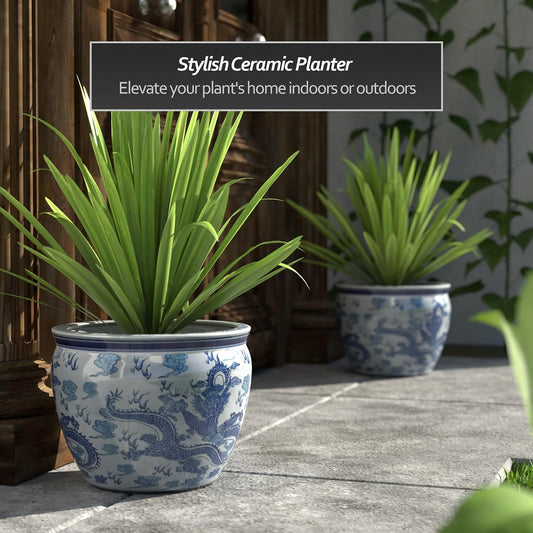 Red Lantern 14" Floral Blue & White Porcelain Fishbowl Planter or Cachepot for Indoor/Outdoor Use in Garden Entryway Living Room Boho Eclectic Modern Contemporary Classic Traditional Style Decor